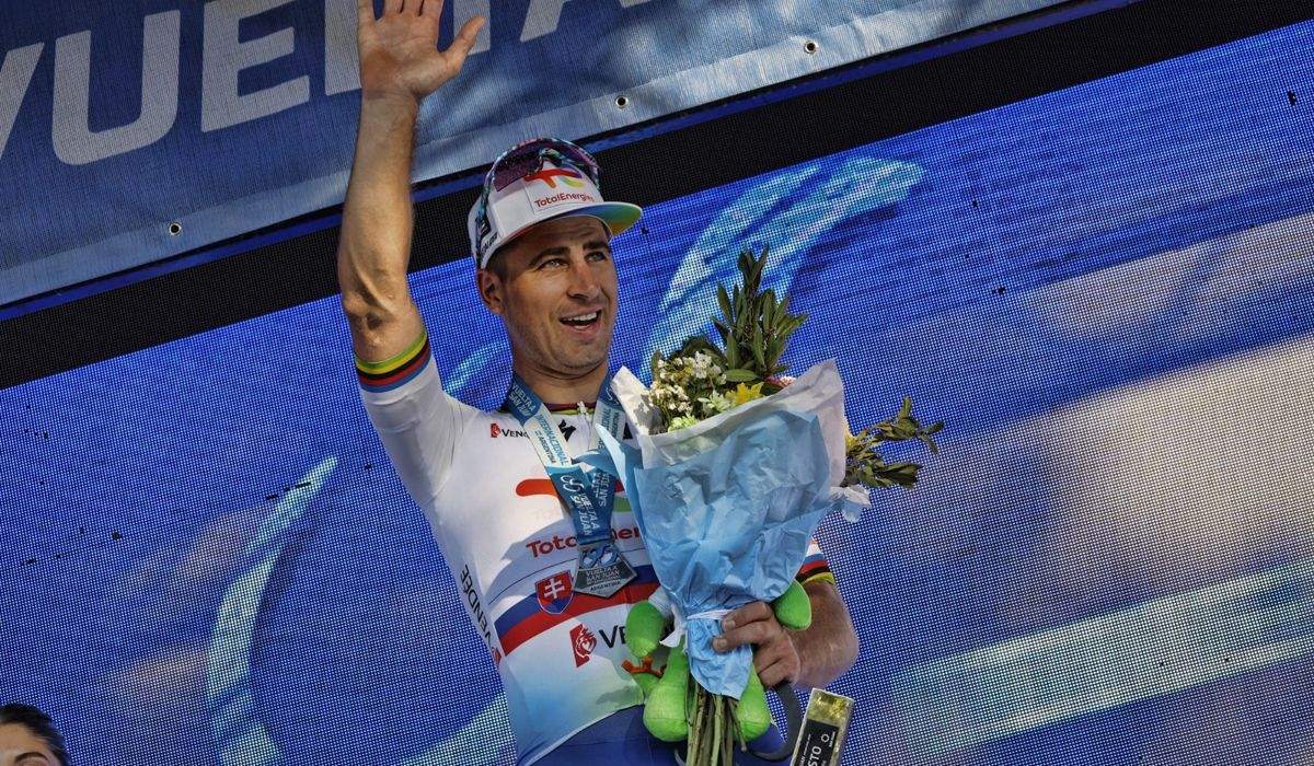 Peter Sagan, en el podio tras la 4ª etapa de la Vuelta a San Juan, en la que finalizó 2º