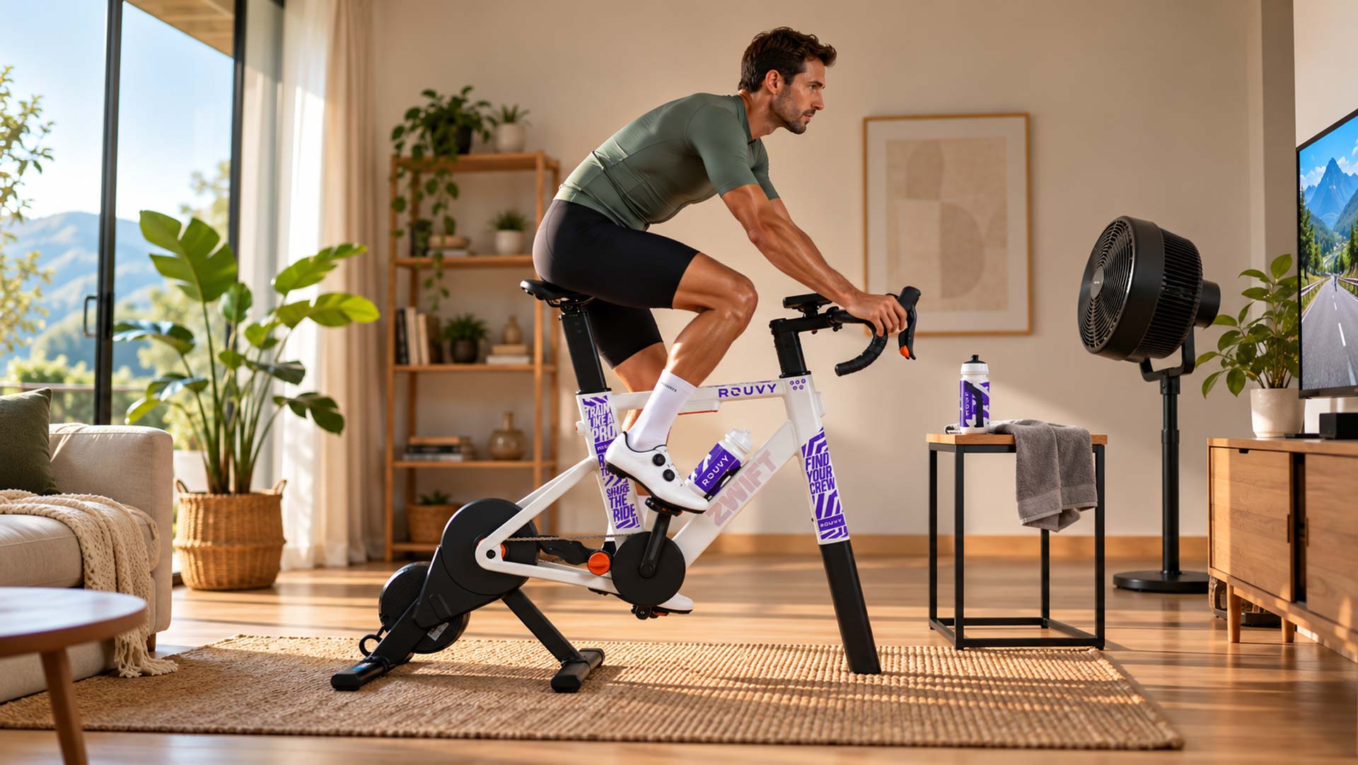 Ciclista entrenando en casa con ROUVY y Zwift Ciclista entrenando en casa con ROUVY y Zwift
