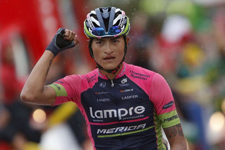 Winner Anacona celebrando su triunfo en la 9ª etapa de La Vuelta 2014