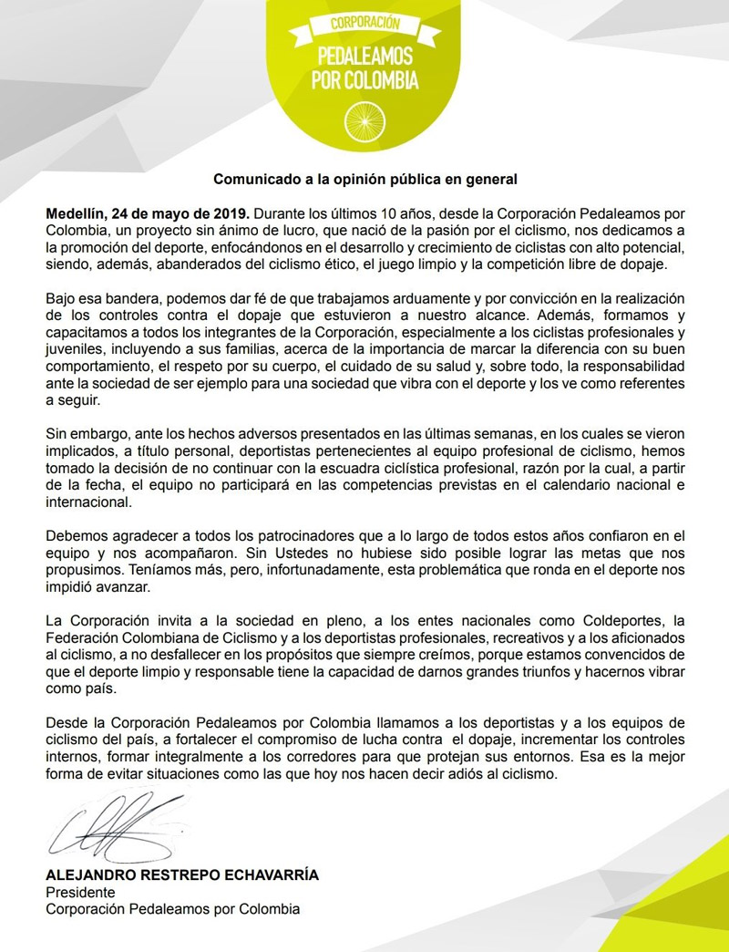 Manzana Postobón se retira del ciclismo por los casos de doping Manzana Postobón se retira del ciclismo por los casos de doping