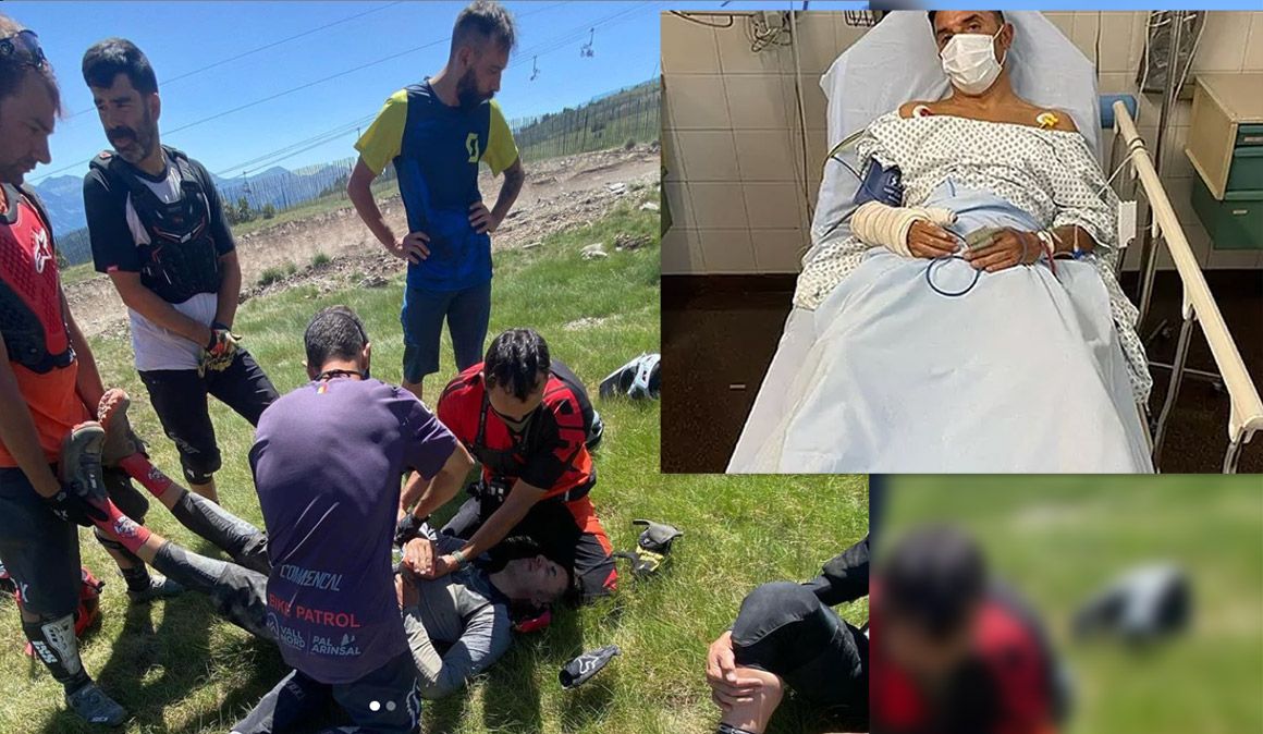 Joaquin Purito Rodriguez es atendido en Vallnord por Jose Antonio Hermida y un Patrol del Bike Park