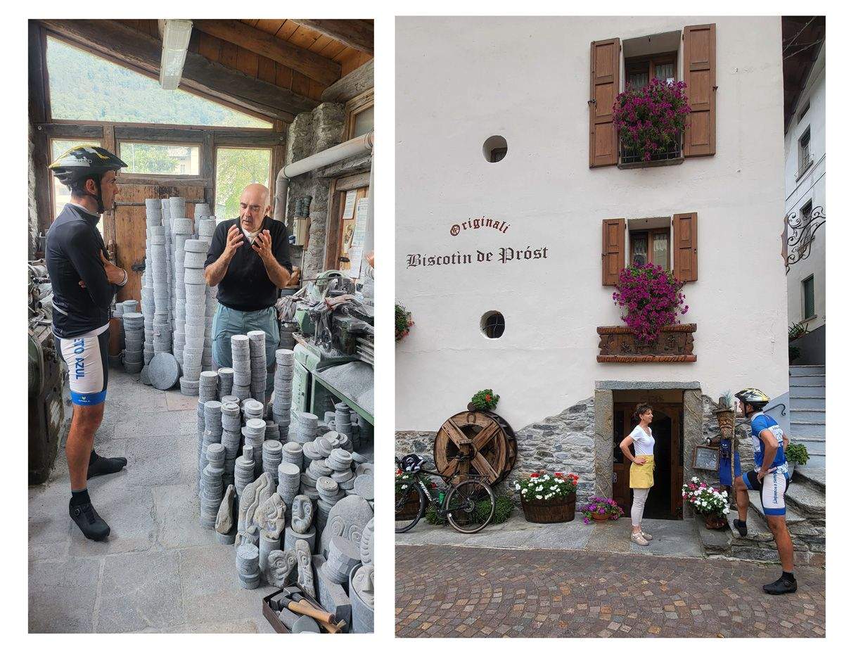 La artesanía de la piedra local (foto izda.) / La casa de las galletas tradicionales (foto dcha.)