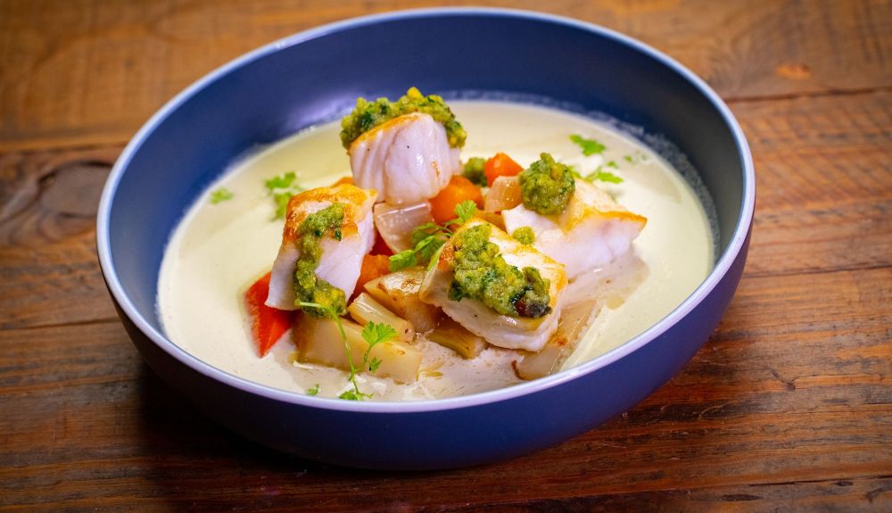 Gerald Hirigoyen Poached Halibut with Pistachio Soup H