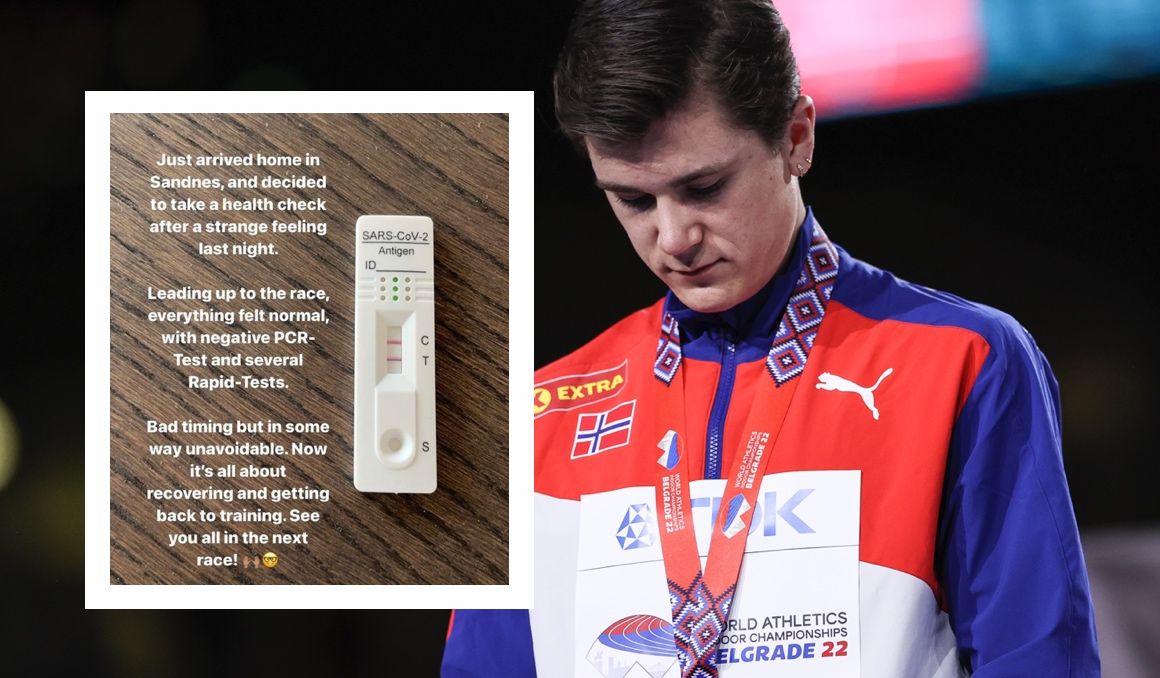 Jakob Ingebrigtsen con la medalla de plata del Mundial de Belgrado y a la izquierda su positivo en COVID. GETTY IMAGES. Jakob Ingebrigtsen con la medalla de plata del Mundial de Belgrado y a la izquierda su positivo en COVID. GETTY IMAGES.