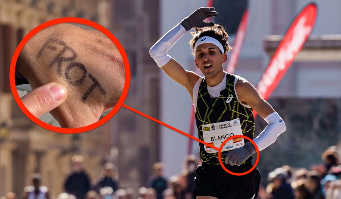 Jorge Blanco escribió en su mano cuatro iniciales para motivarse durante el Campeonato de España de Maratón en Zaragoza. SPORTMEDIA.