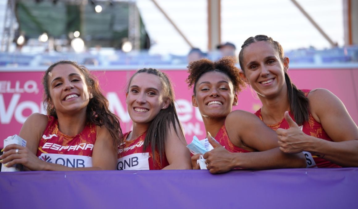 Maribel Pérez, Paula Sevilla, Jaël Bestué y Sonia Molina Prados, el histórico relevo español que estará en la final de Eugene. SPORTMEDIA.