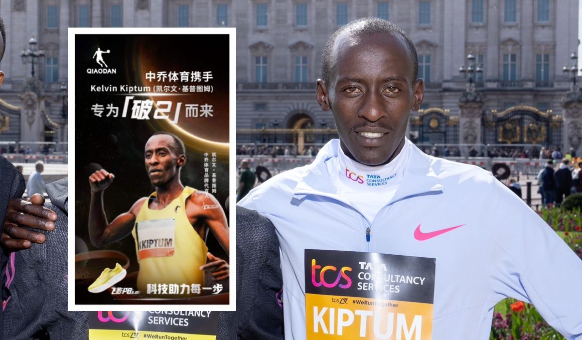 Una imagen de Kiptum con Qiaodan y a la derecha en la presentación del Maratón de Londres 2023 vestido de Nike. Una imagen de Kiptum con Qiaodan y a la derecha en la presentación del Maratón de Londres 2023 vestido de Nike.