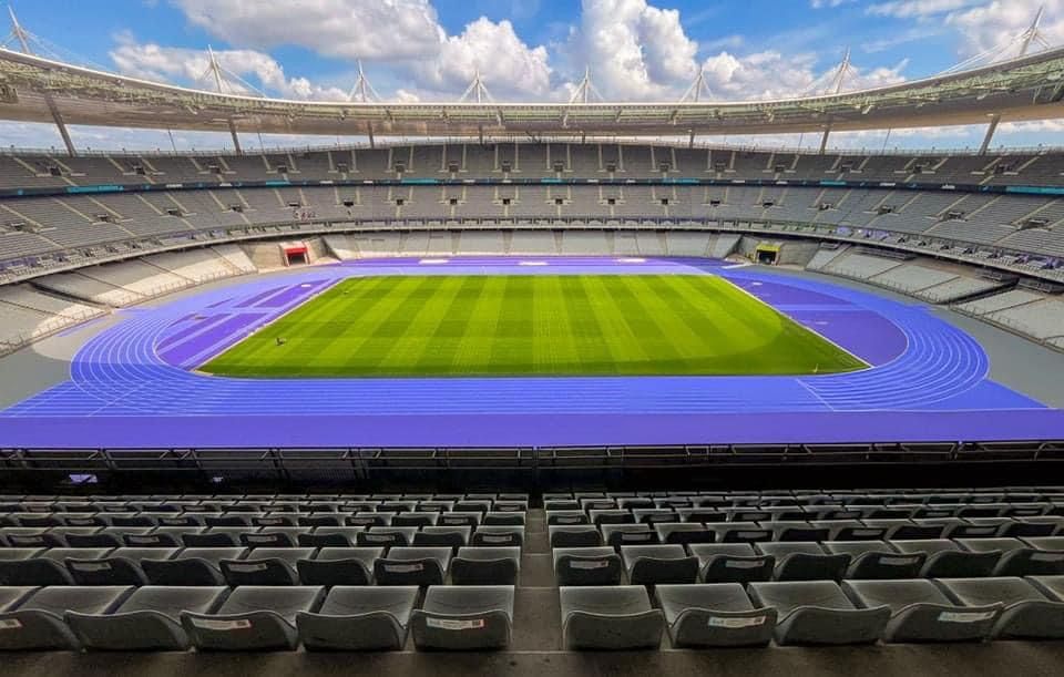 La pista morada de los Juegos Olímpicos de París en el Estadio de Francia. La pista morada de los Juegos Olímpicos de París en el Estadio de Francia.