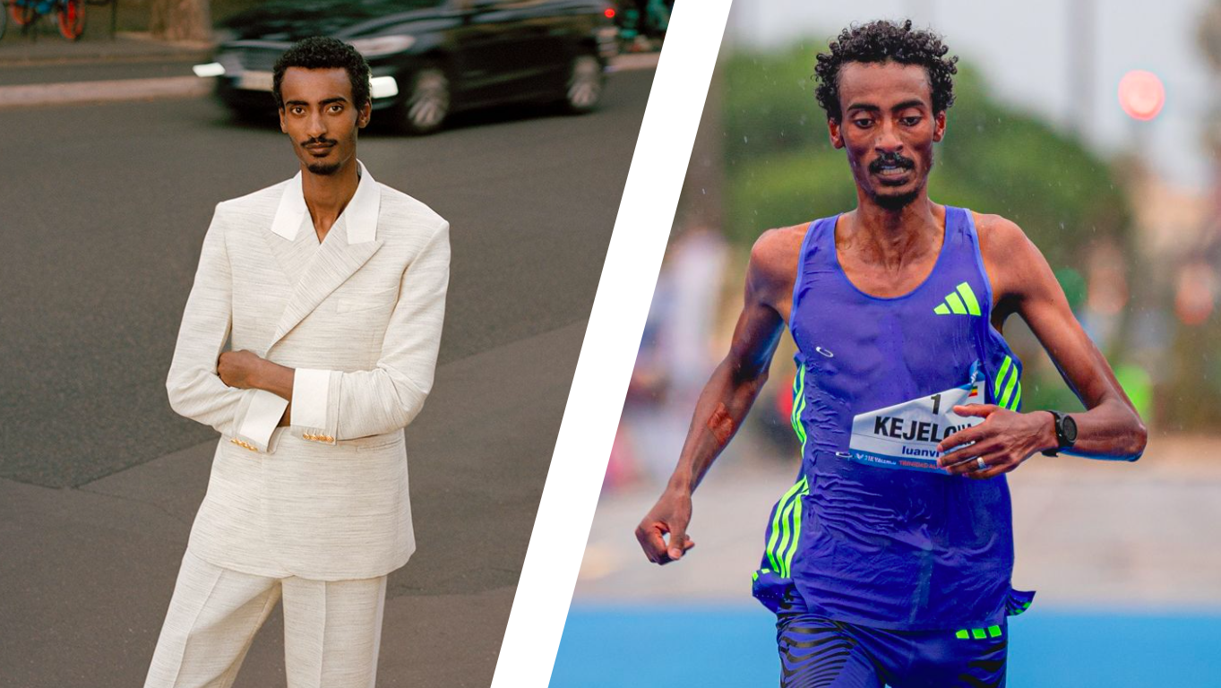 A la izquierda, el Yomif Kejelcha modelo. A la derecha, el mismo atleta batiendo el récord del mundo de medio maratón. A la izquierda, el Yomif Kejelcha modelo. A la derecha, el mismo atleta batiendo el récord del mundo de medio maratón.