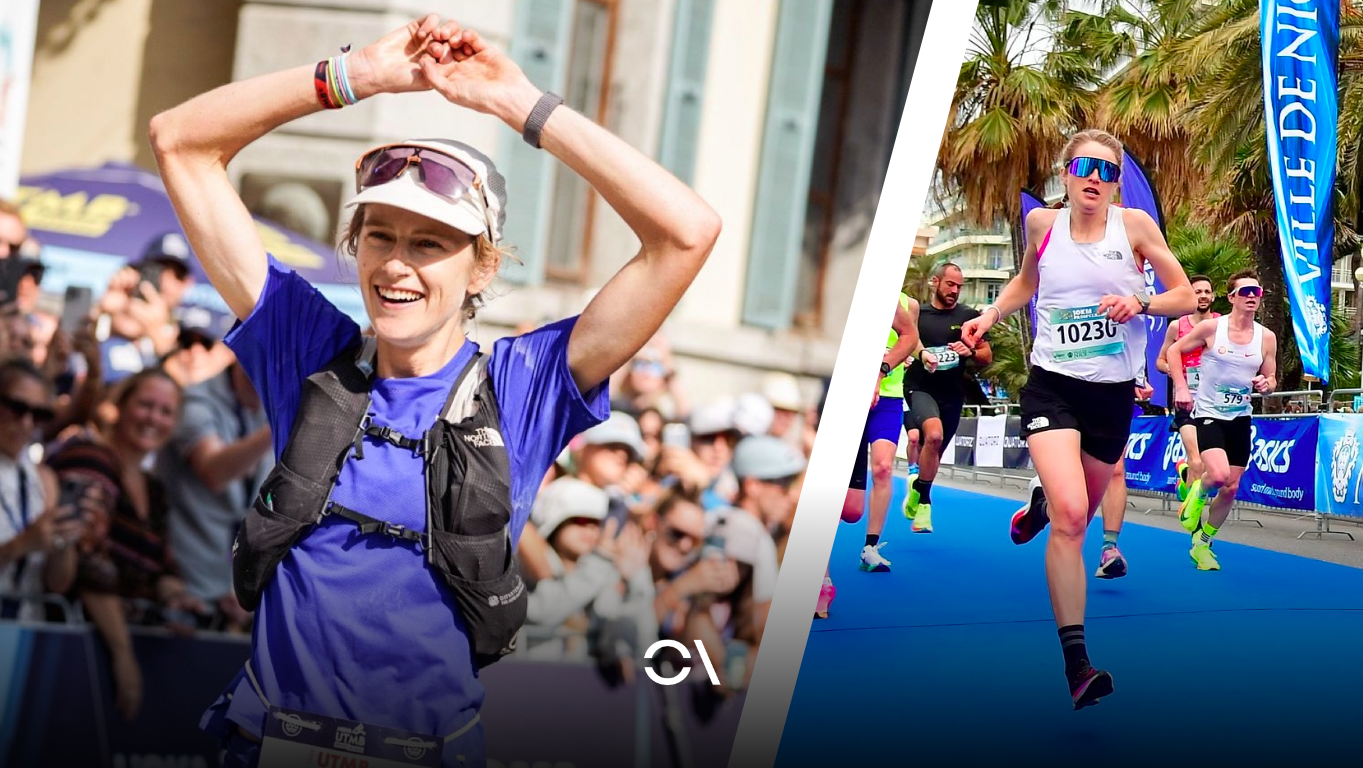 A la izquierda, Katie Schide en el UTMB 2024; a la derecha, en el 10K que corrió este mes de enero.
