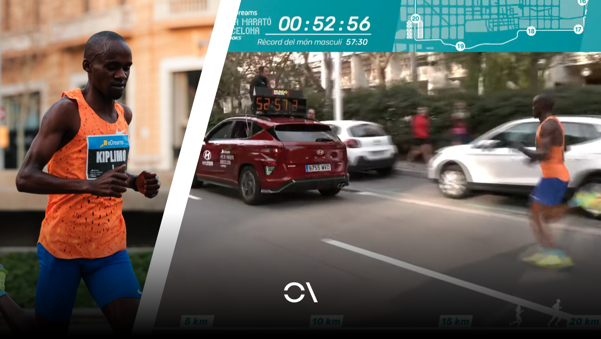 Una imagen de Medio Maratón de Barcelona 2025 con Jacob Kiplimo y el coche apertura de carrera, motivo de la anulación del récord.