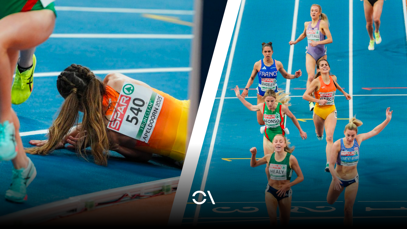 A la izquierda, momento de la caída de Marta García; a la derecha, la llegada a meta. SPORTMEDIA.