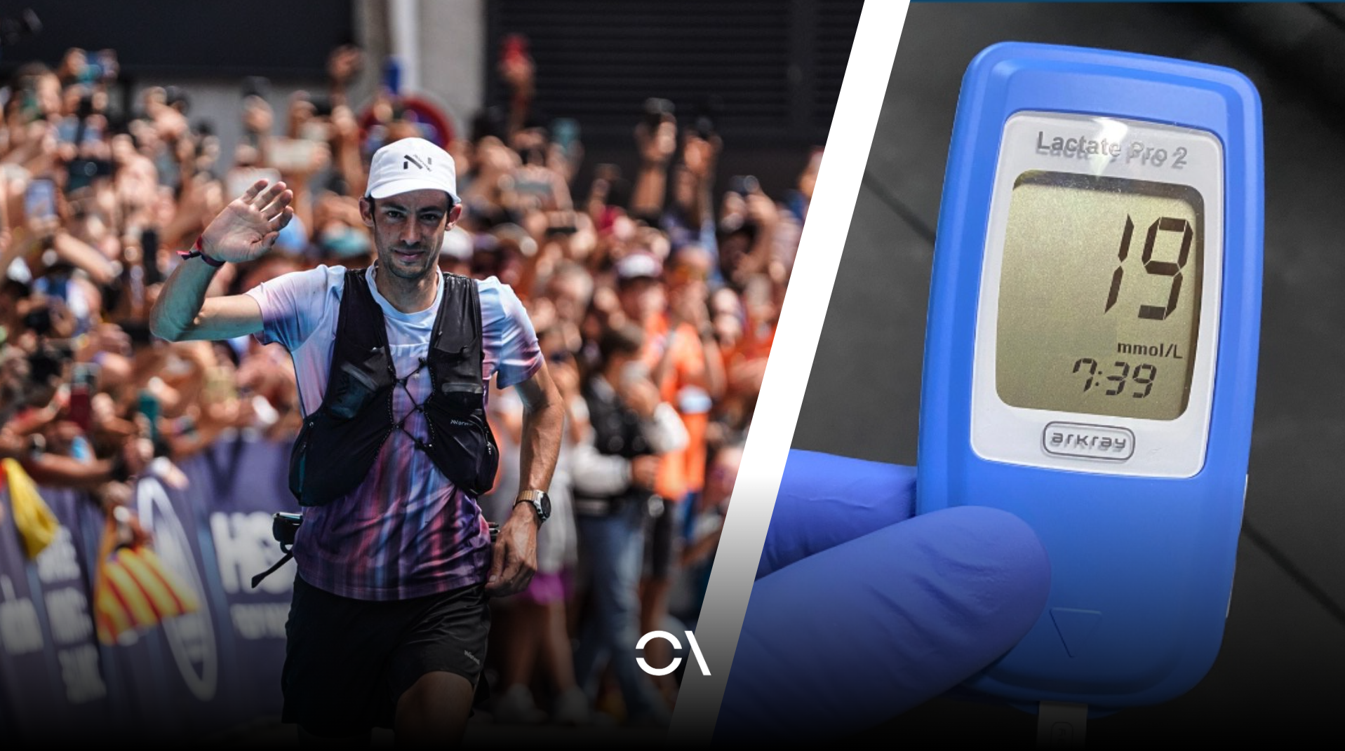 A la izquierda, Kilian Jornet en su victoria en UTMB en 2022; a la derecha, un medidor de lactato. A la izquierda, Kilian Jornet en su victoria en UTMB en 2022; a la derecha, un medidor de lactato.