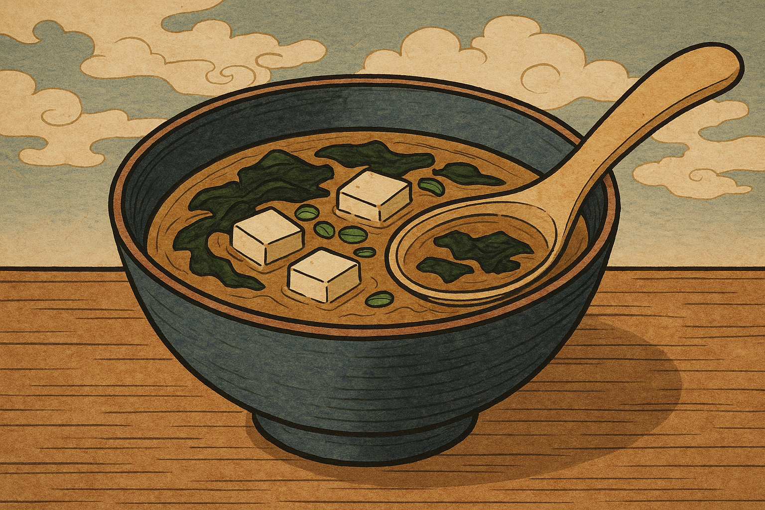 Cuenco de sopa de miso con tofu, alga wakame y cebolleta: uno de los platos japoneses más consumidos. Cuenco de sopa de miso con tofu, alga wakame y cebolleta: uno de los platos japoneses más consumidos.