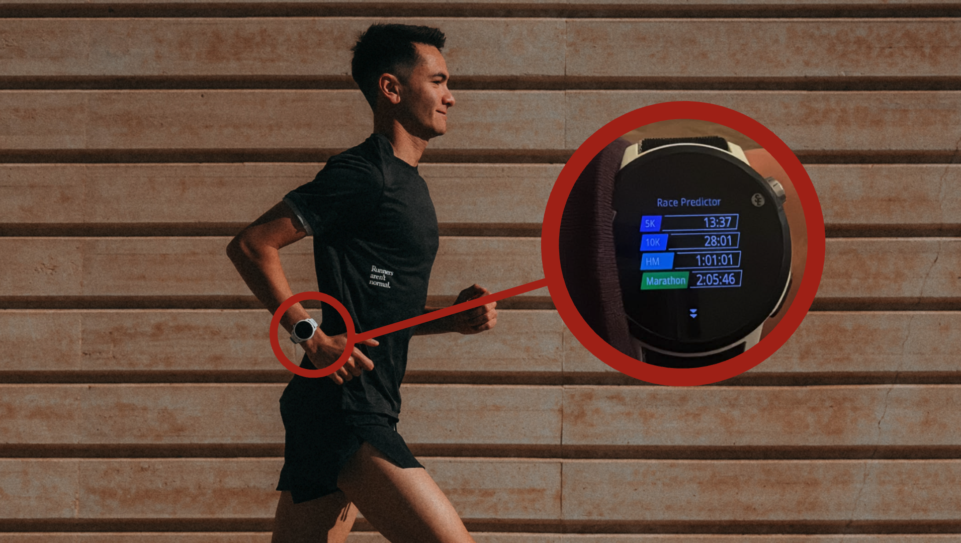 Detalle de los tiempos que pronostica el reloj Coros de Alex Yee antes del Maratón de Valencia.