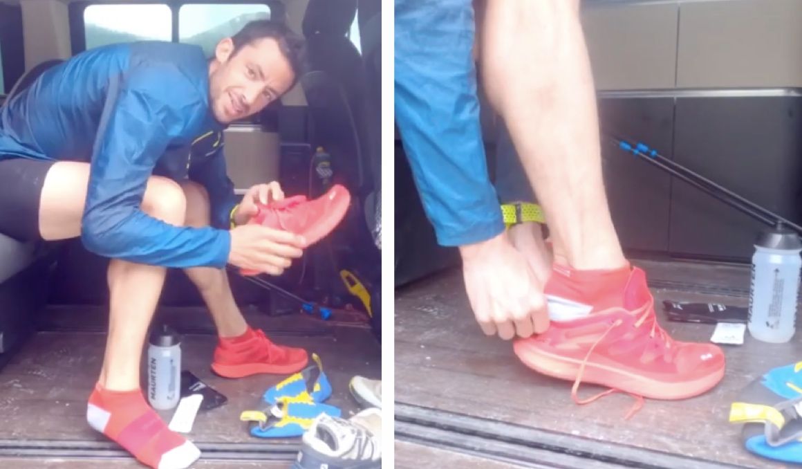 Las zapatillas con las que Kilian Jornet realizó el MA RA TH ON. Foto: Instagram. Las zapatillas con las que Kilian Jornet realizó el MA RA TH ON. Foto: Instagram.