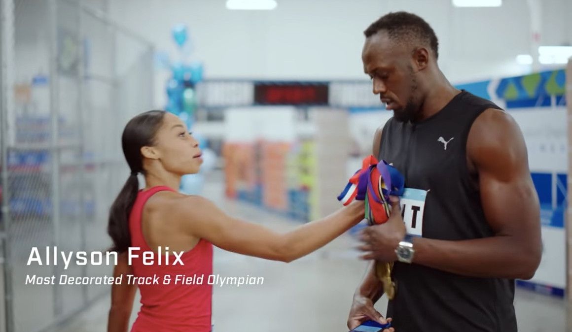 Allyson Felix y Usain Bolt durante el spot publicitario | soycorredor.es