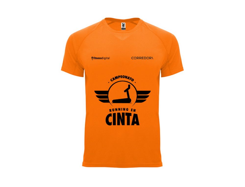 Así es la camiseta naranja del desafío de running en cinta Así es la camiseta naranja del desafío de running en cinta