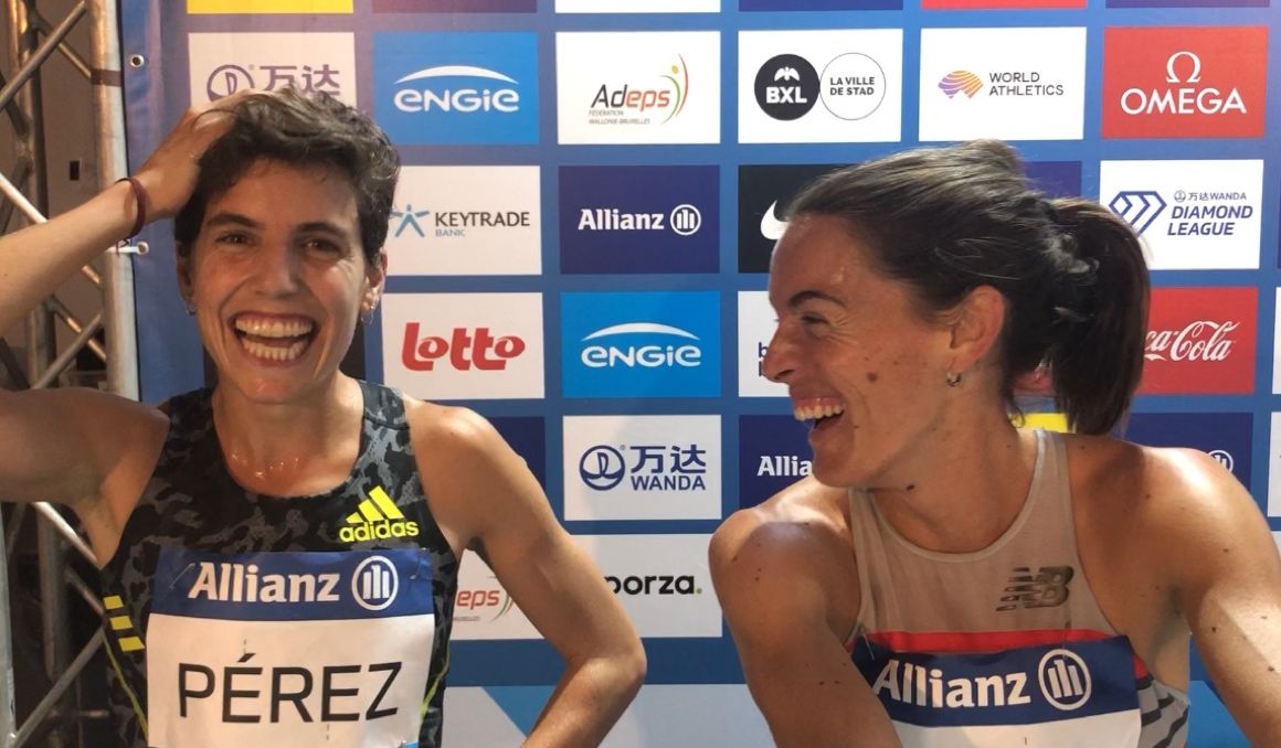 Marta Pérez y Esther Guerrero en la zona mixta de la Diamond League de Bruselas en 2021. CORREDOR. Marta Pérez y Esther Guerrero en la zona mixta de la Diamond League de Bruselas en 2021. CORREDOR.