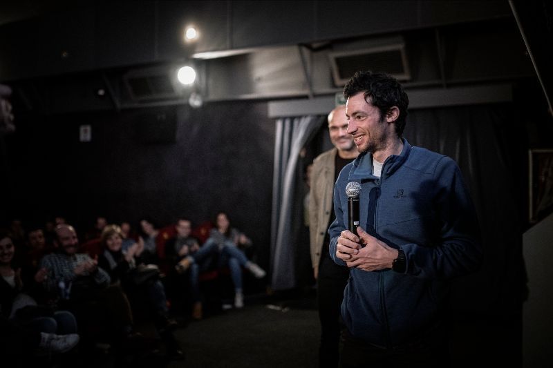 Josep Serra y Kilian Jornet en la presentación de la película en Pamplona en 2018. Crédito: Sergi Colomé