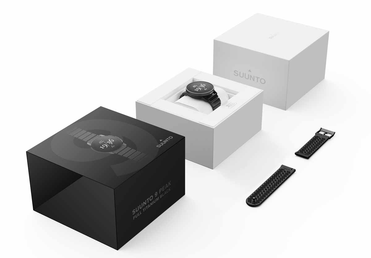 En la caja del Suunto 9 Peak Full Titanium Black se incluye la correa de silicona flexible En la caja del Suunto 9 Peak Full Titanium Black se incluye la correa de silicona flexible