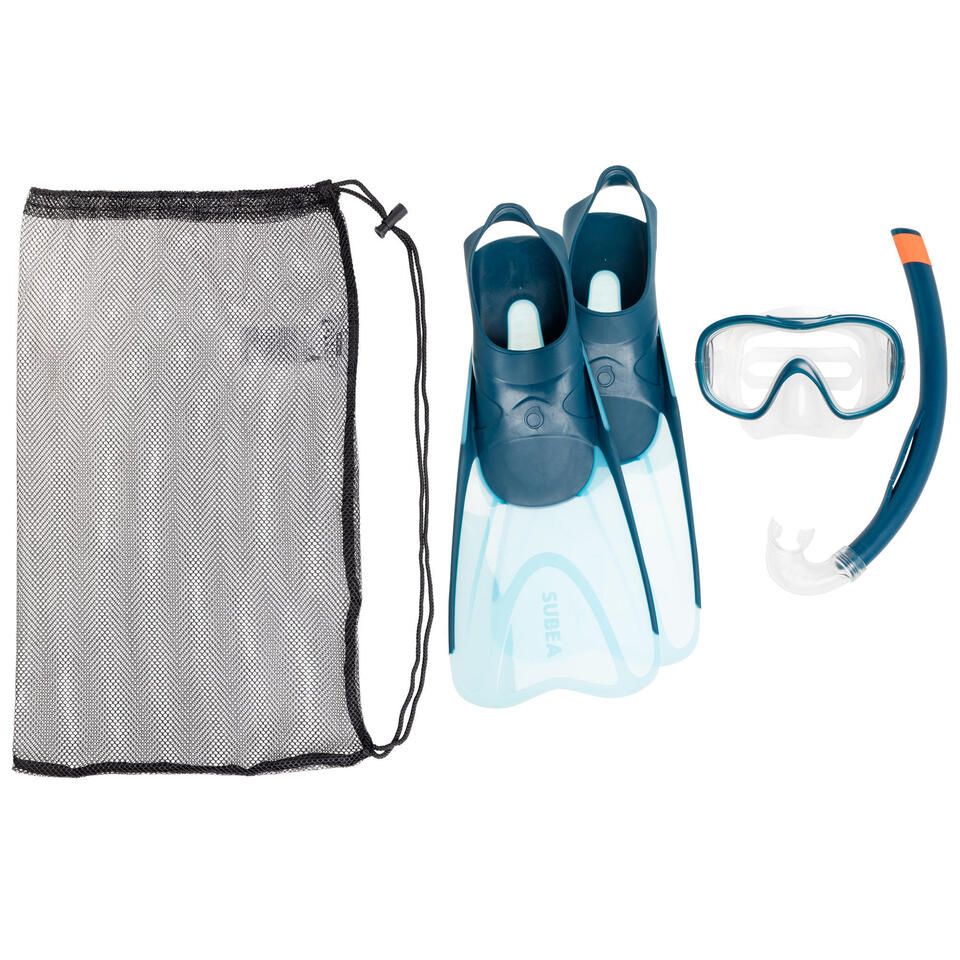 kit buceo aletas mascara tubo snorkel snk 500 adulto azul