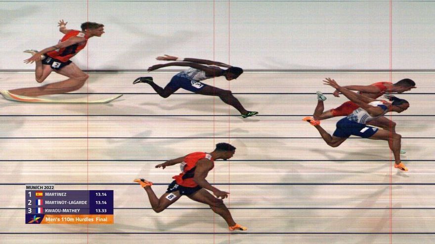 Más igualados imposible. Ni la photofinish marca diferencias en la final de los 110 metros vallas