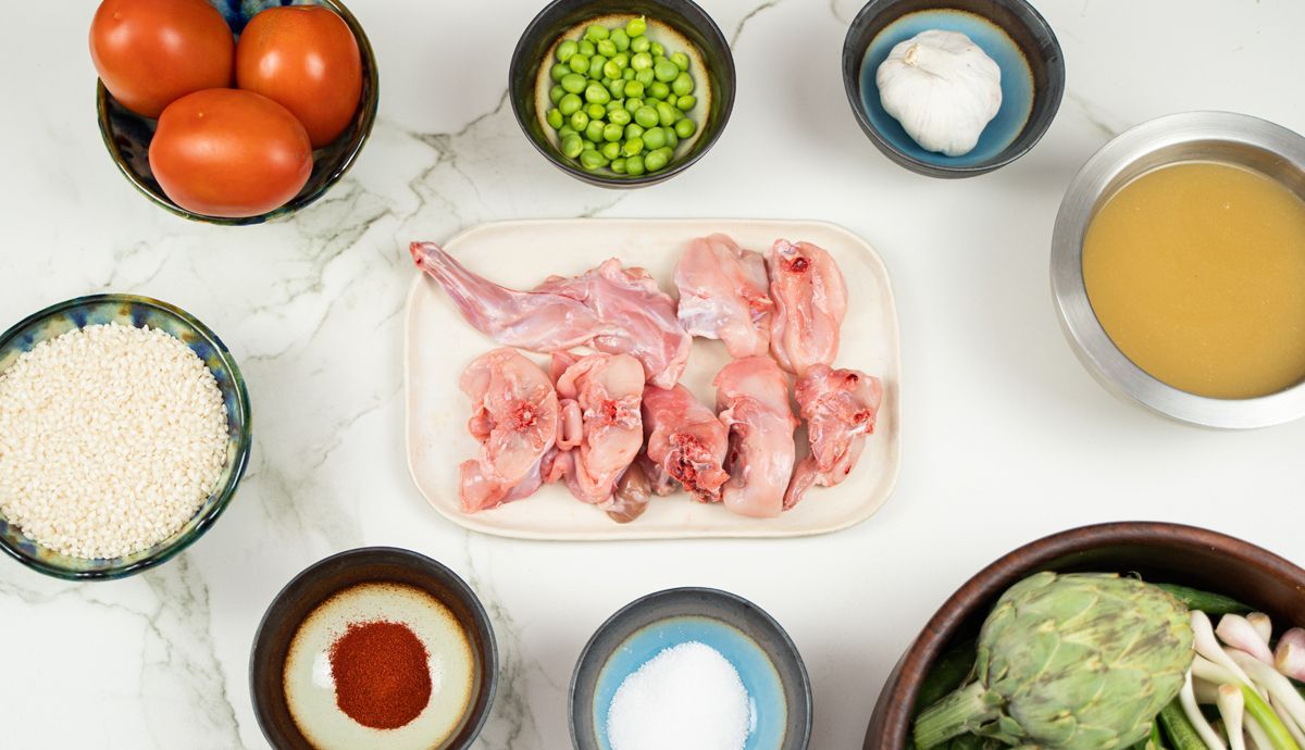 Ingredientes para el Arroz meloso de carne de conejo
