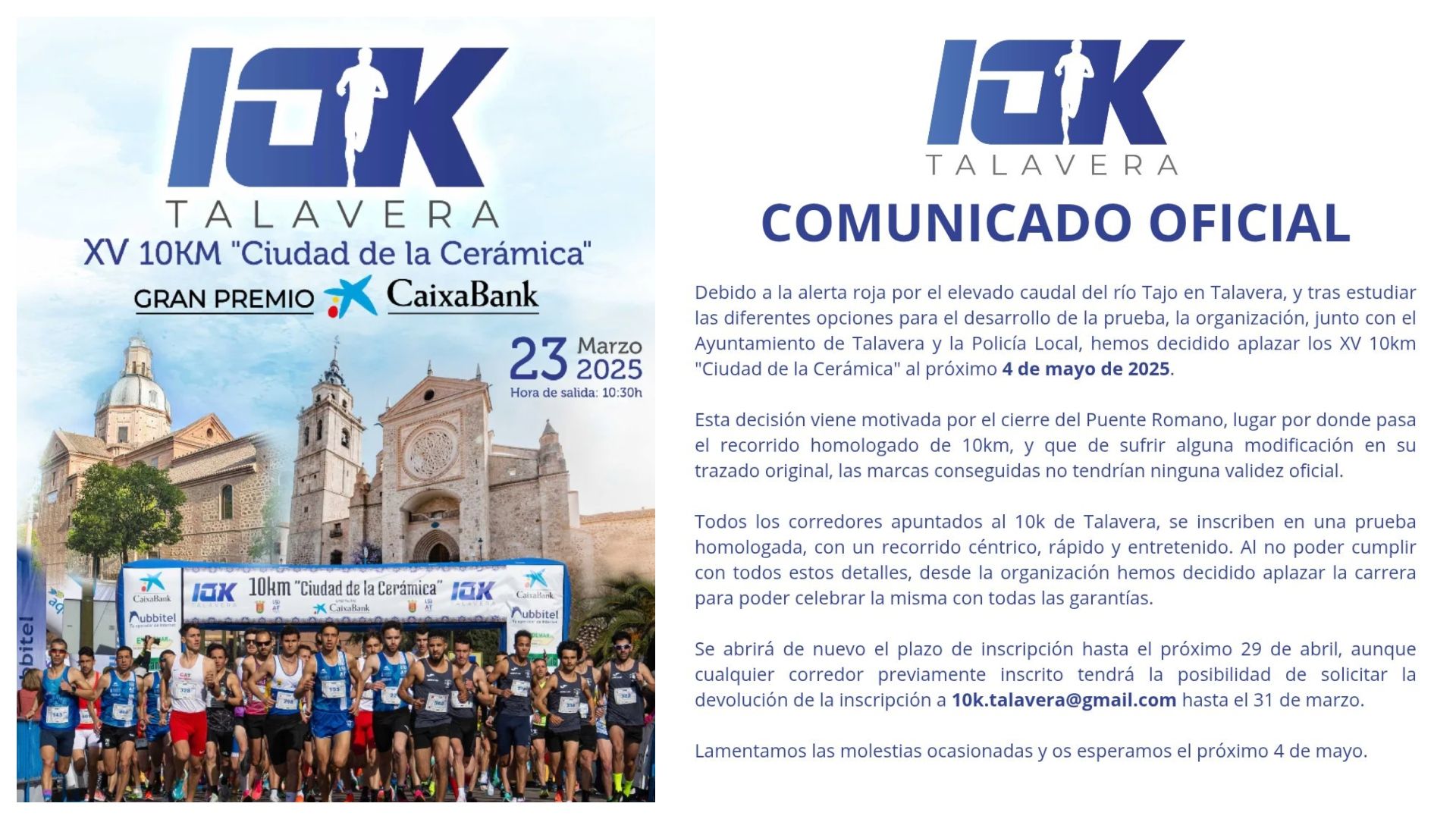 Aplazado al 4 de mayo el 10K TALAVERA por alerta roja en el río Tajo
