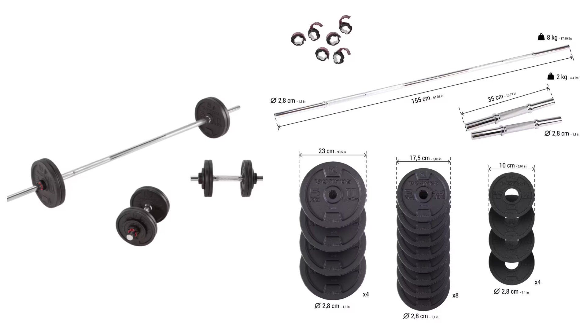 Kit de barra y mancuernas Corength (50 kg) de hierro parcialmente reciclado.