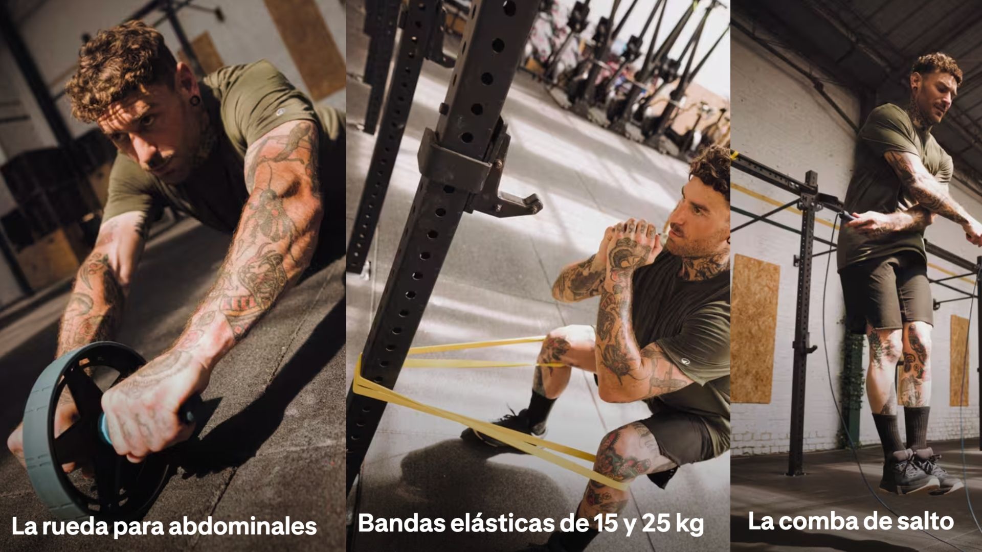 Comba, bandas de entrenamiento y rueda abdominal.