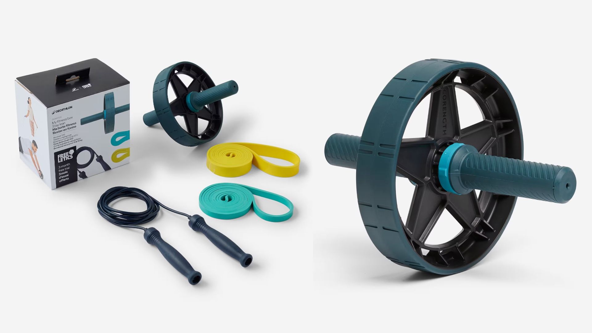 Comba, bandas de entrenamiento y rueda abdominal.