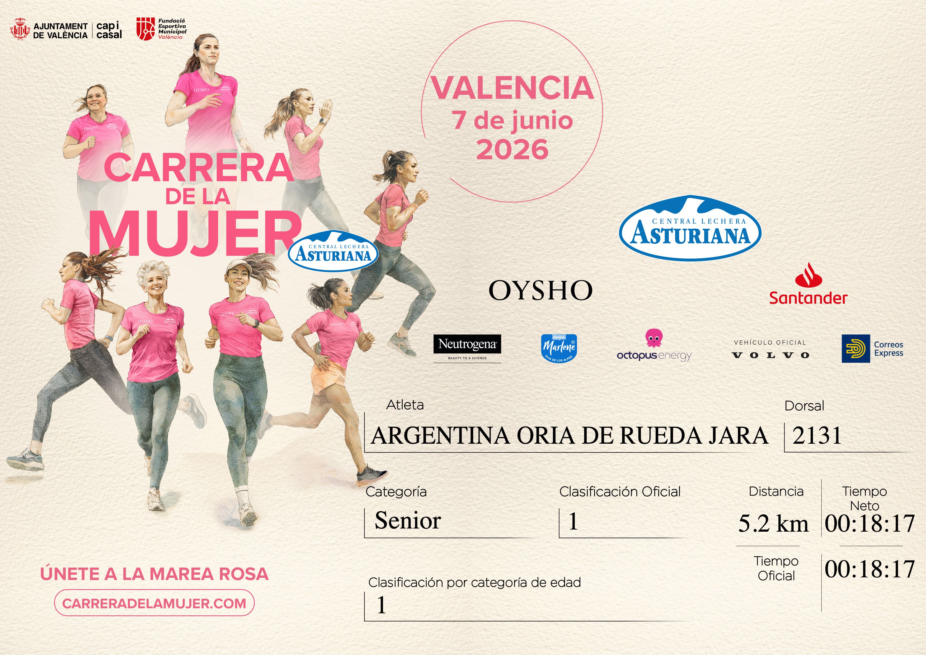 Diploma ARGENTINA ORIA DE RUEDA JARA (Carrera de la Mujer Valencia 2026).