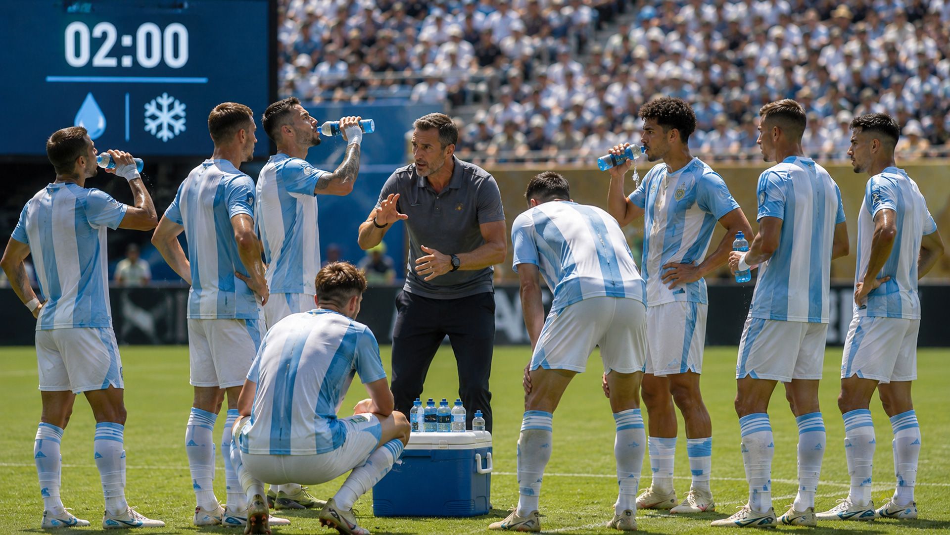 Pausa de hidratación o "cooling break". (Imagen generada con ChatGPT)