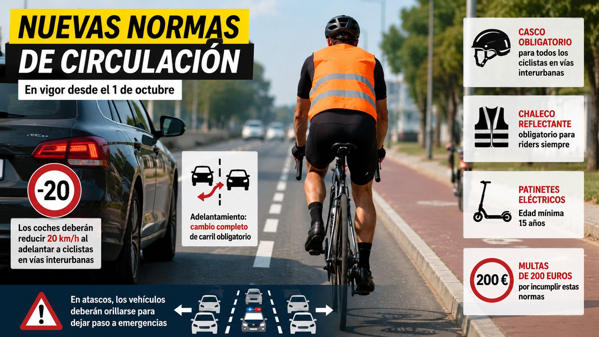 Cambian las normas para los ciclistas: casco obligatorio para todos y multas de 200 € desde octubre. (Creatividad hecha con ChatGPT)