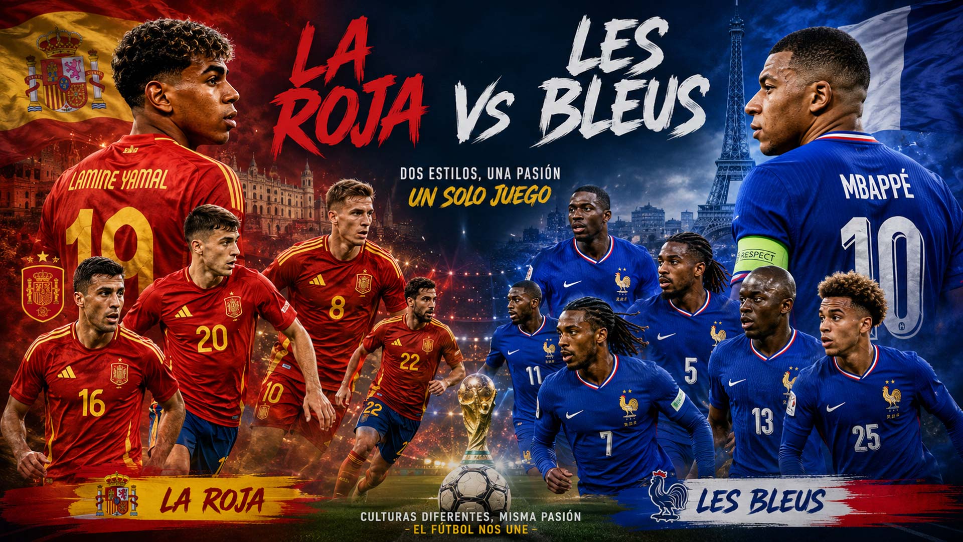 La roja frente a la actual gran factoría del fútbol. (Ilustración creada con IA)
