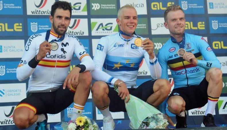 podio del campeonato de europa de ciclocross 2024 con thibau nys felipe orts y eli iserbyt 2 790x454