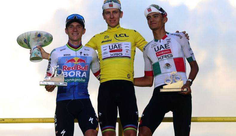 El podio final de este Tour de Francia, con Pogacar, Evenepoel y Del Toro
