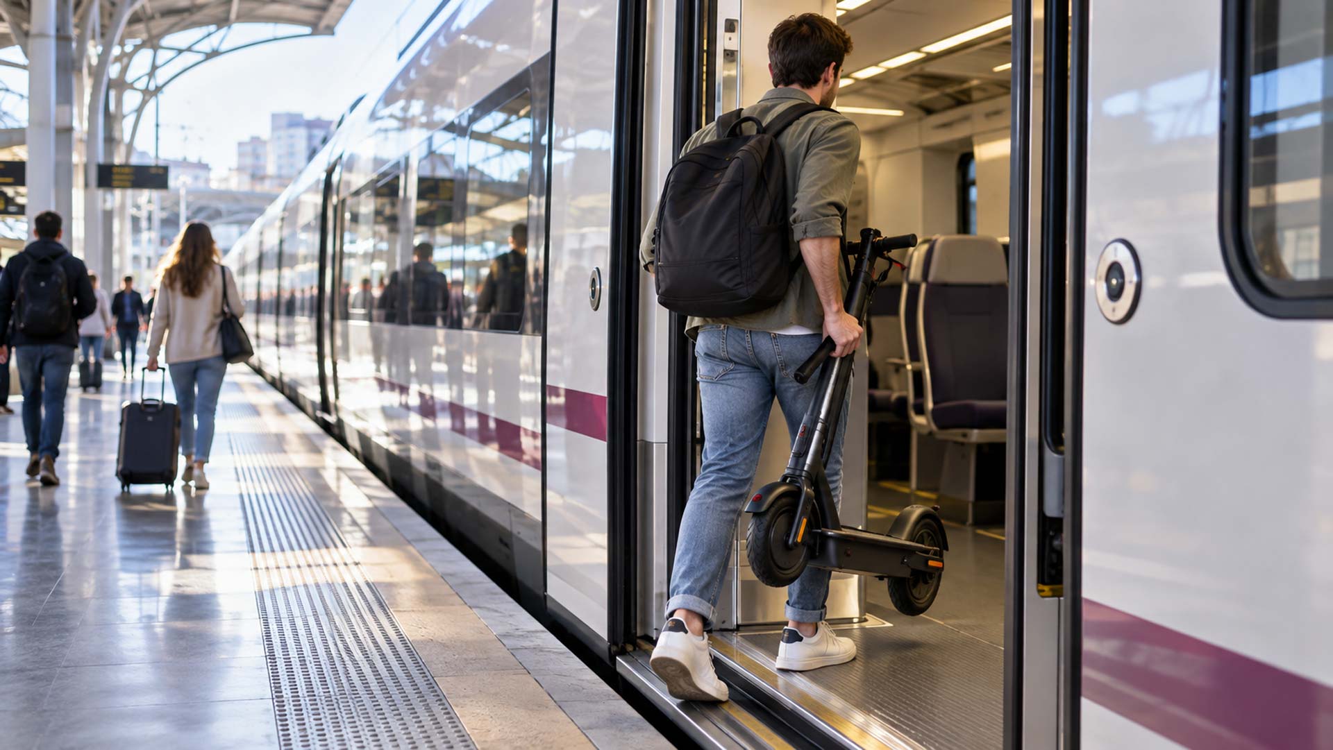Los patinetes eléctricos vuelven a los trenes de Renfe, aunque algunas redes mantienen la prohibición. (Imagen generada con IA)