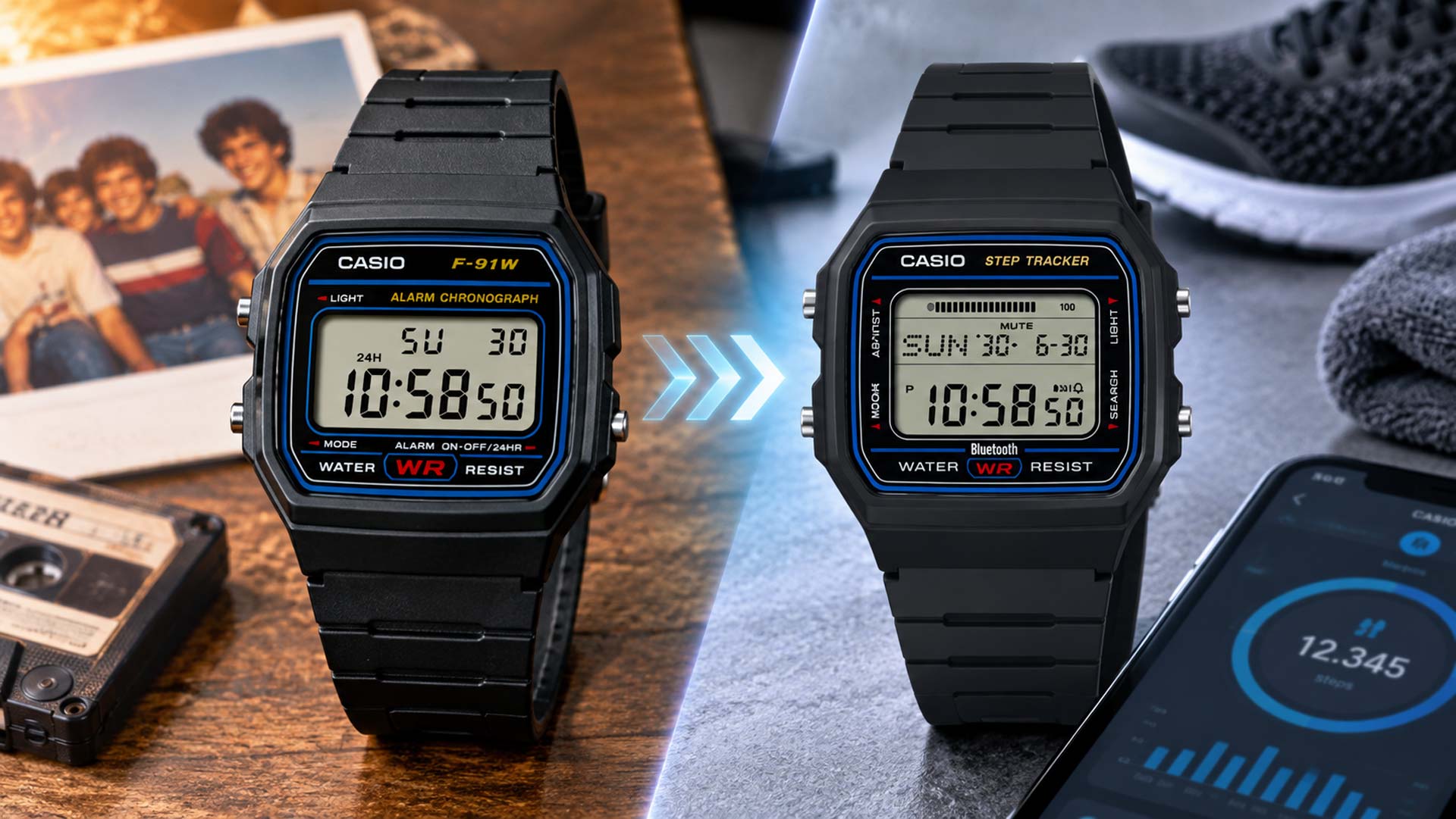Casio F-B100W-1A: el mítico reloj digital de los 80 F-91W vuelve con contador de pasos y Bluetooth. (Imagen generada con ChatGPT)
