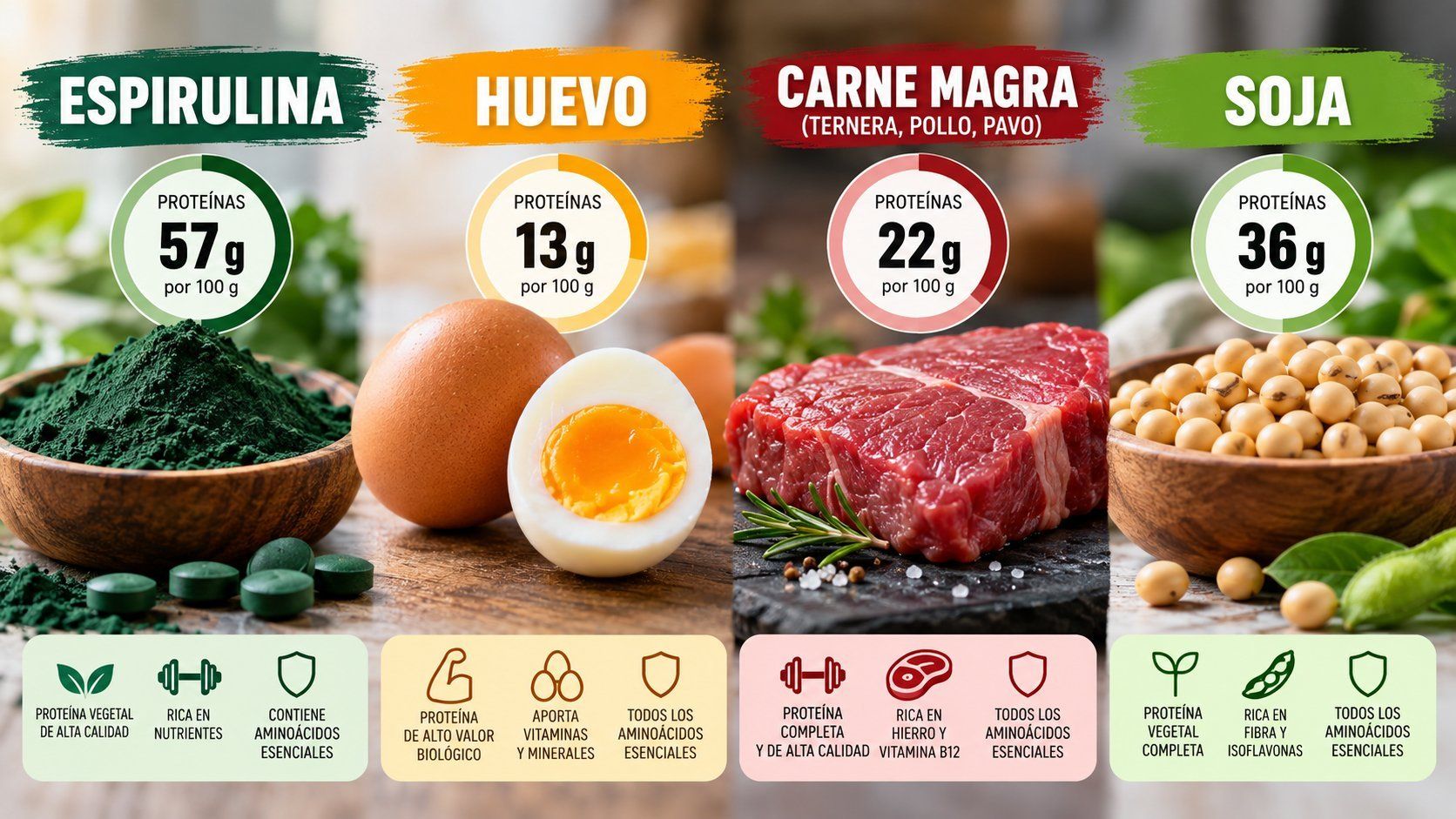 espirulina huevo carne soja