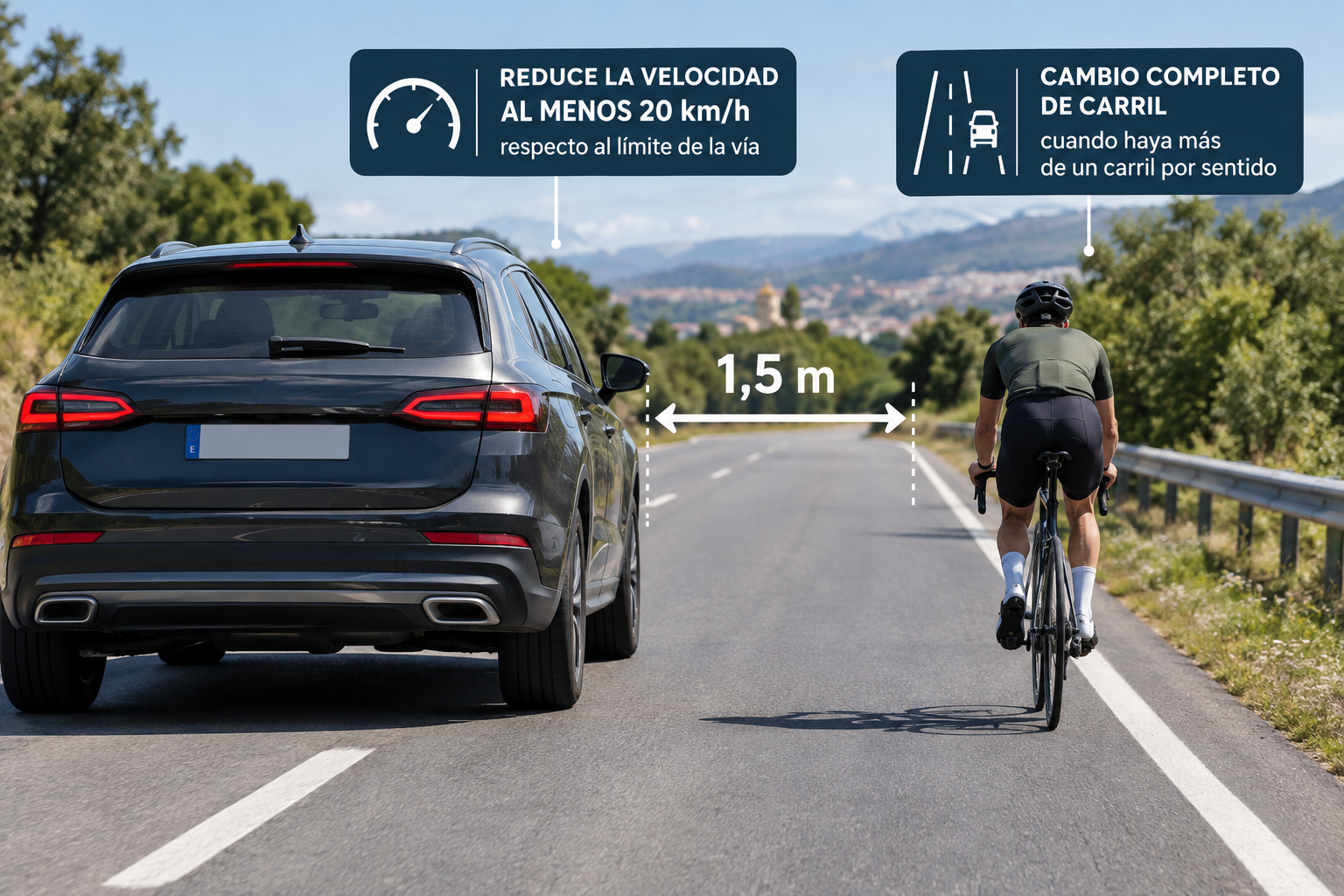 Si un coche te adelanta en carretera, debe reducir su velocidad al menos 20 km/h respecto al límite de la vía, dejar 1,5 metros y cambiar completamente de carril cuando haya más de uno por sentido.
