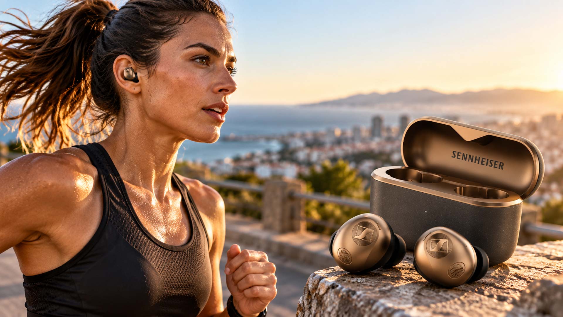 Corredora al amanecer con auriculares Sennheiser MOMENTUM True Wireless 5