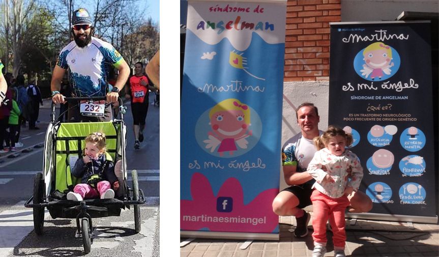 A la izquierda, Martina participa en una carrera con su tío. A la derecha Martina con su orgulloso padre.