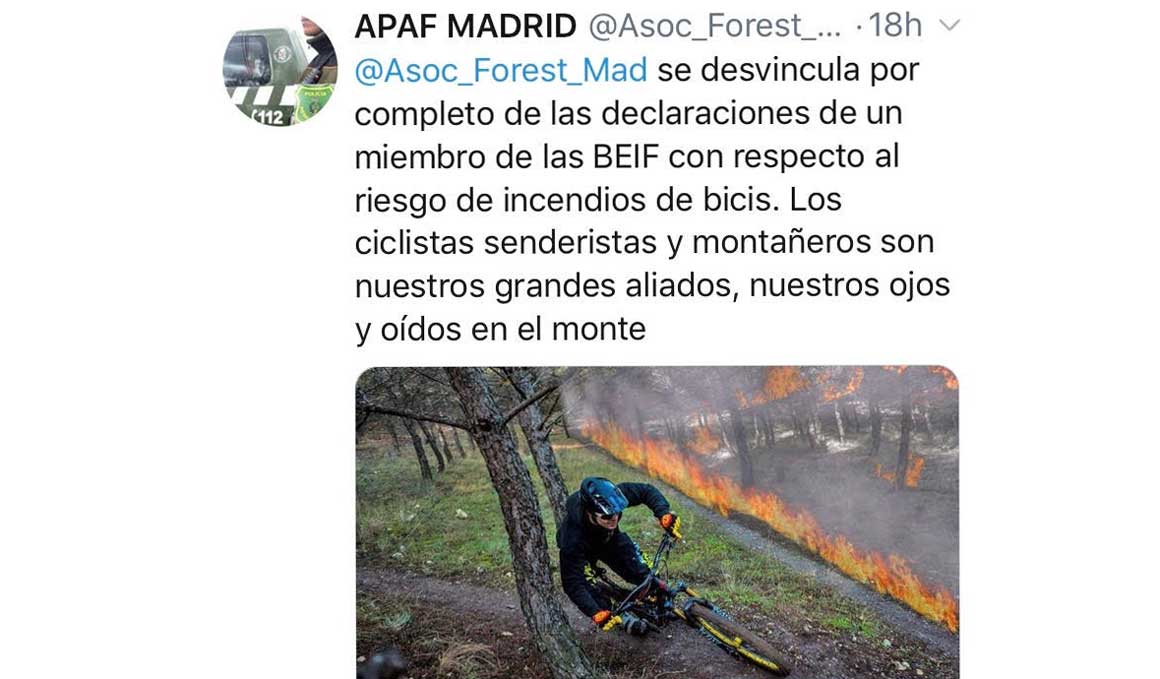 Los Agentes Forestales de Madrid rectifican: las bicis de montaña no causan incendios