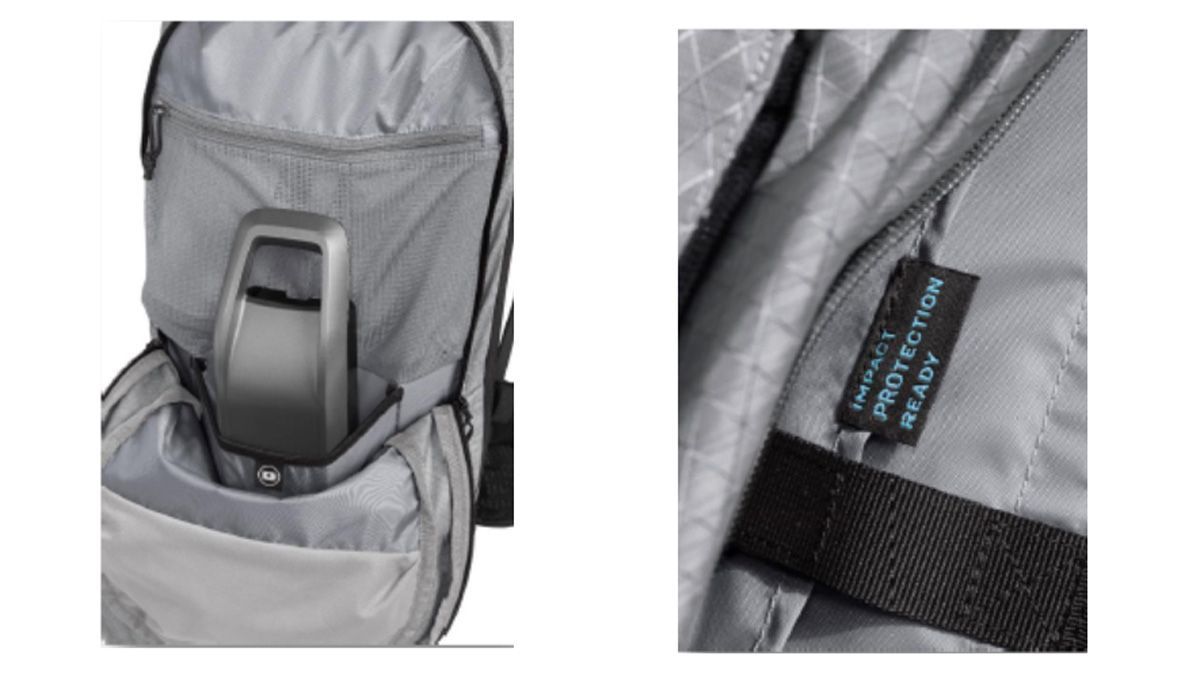 Dos detalles de la gama Pro, el bolsillo específico para la batería de la e-bike y la compatibilidad con sistemas de protección Dos detalles de la gama Pro, el bolsillo específico para la batería de la e-bike y la compatibilidad con sistemas de protección