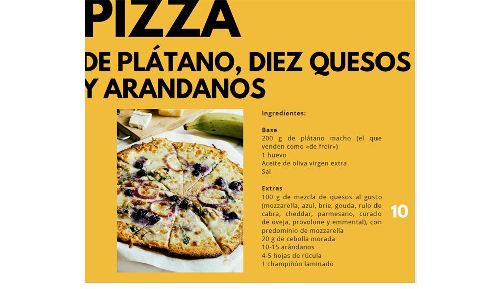 Pizza de plátano, diez quesos y arándanos Pizza de plátano, diez quesos y arándanos