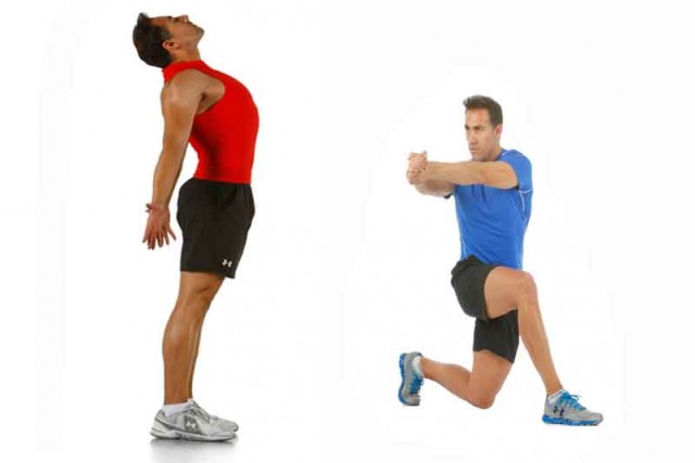 Estira cadena flexora flexionando rodillas y girando brazos contralateral