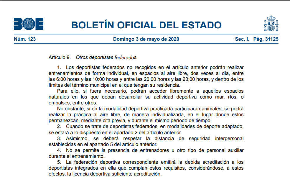 Los federados pueden salir 2 veces al día para hacer deporte