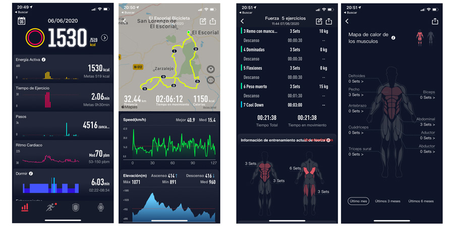 Las dos pantallas de la izquierda ya las conocíamos, las de la derecha son nuevas, con los mapas de calor de tus músculos según han trabajado en tu entrenamiento.